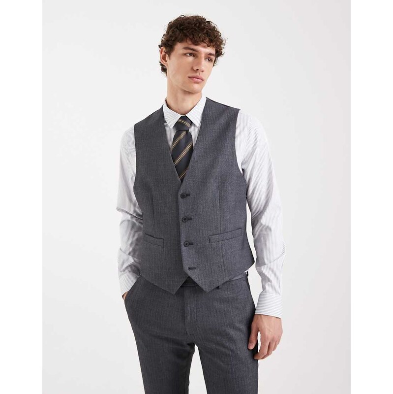 ASOS DESIGN skinny suit waistcoat in navy wool look herringbone