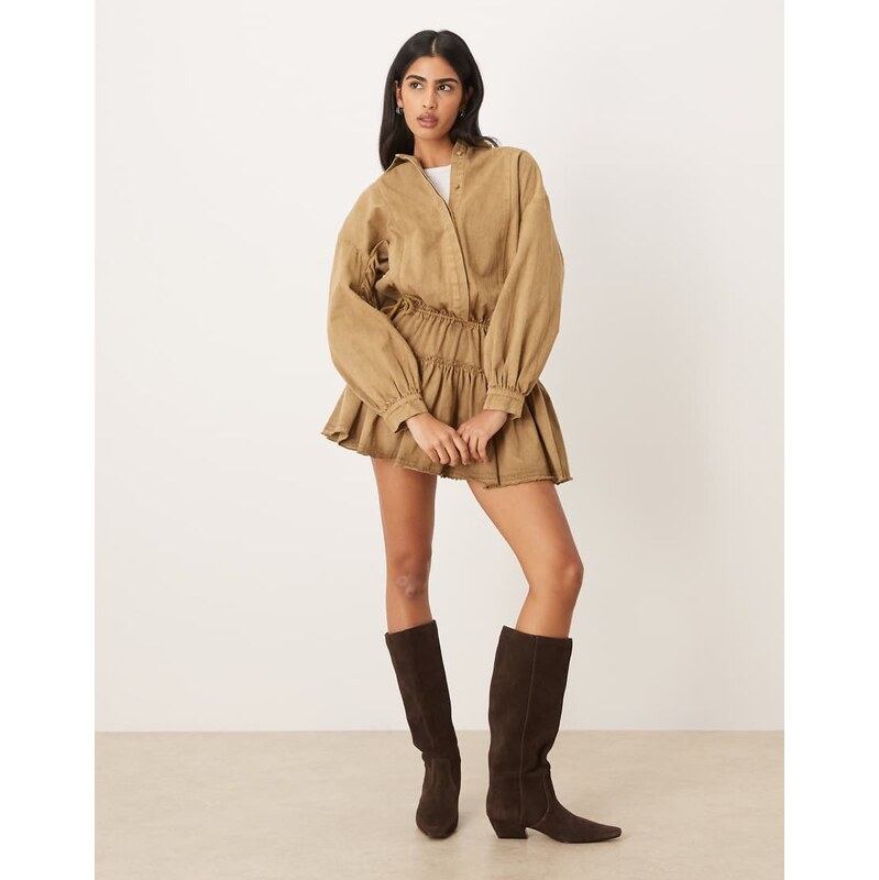 ASOS DESIGN long sleeve blouson tie waist mini shirt dress in washed 115242086