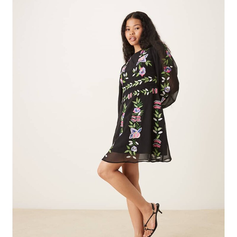 Hope & Ivy Petite high neck embroidered mini dress in black