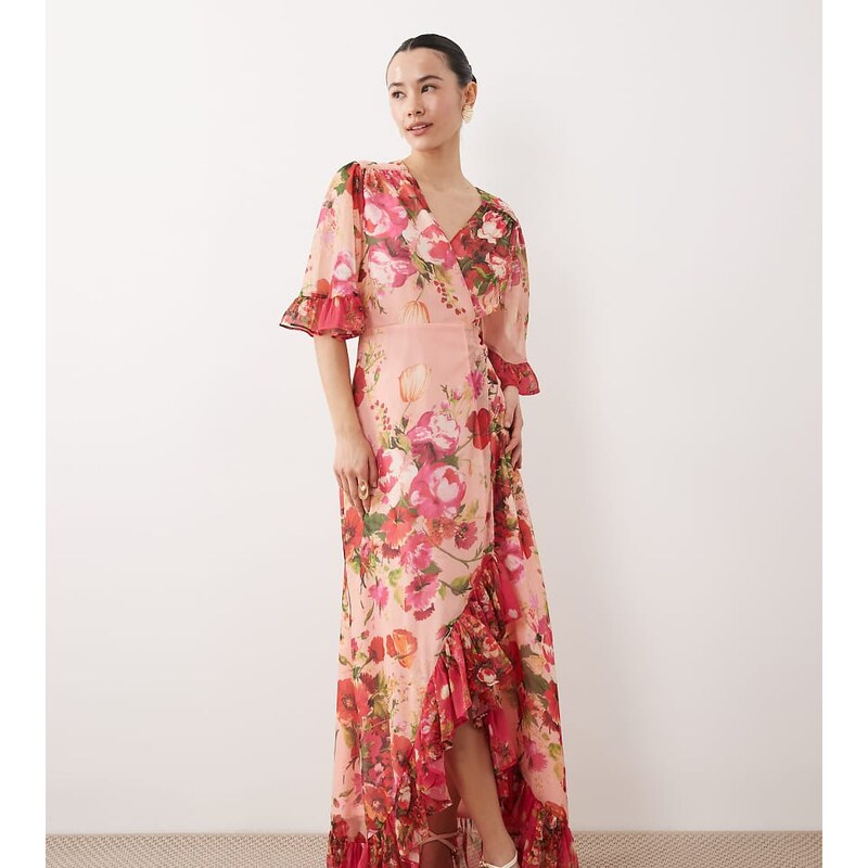 Hope & Ivy Petite wrap bell sleeve maxi dress in pink mixed floral 113650162