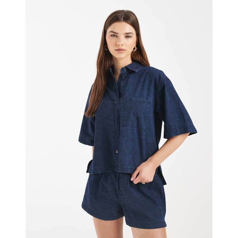 ASOS DESIGN denim boxy shirt co-ord in inky wash-Navy