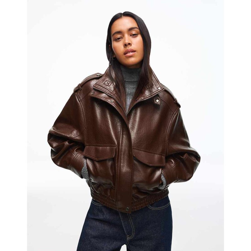 Bershka Leather effect funnel neck jacket in brown 113620027