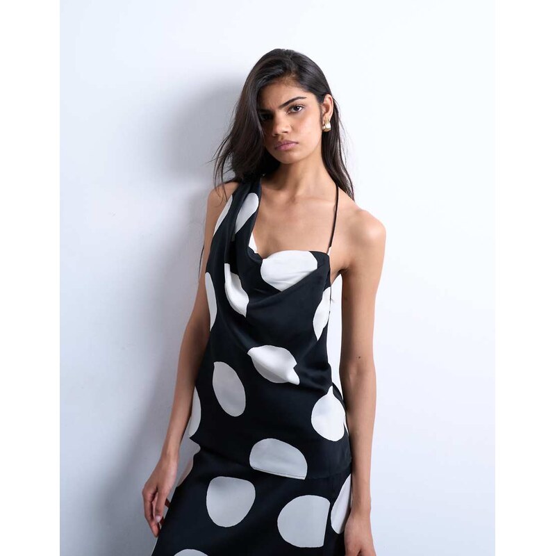 Topshop co-ord one shoulder satin top in large mono spot-Multi