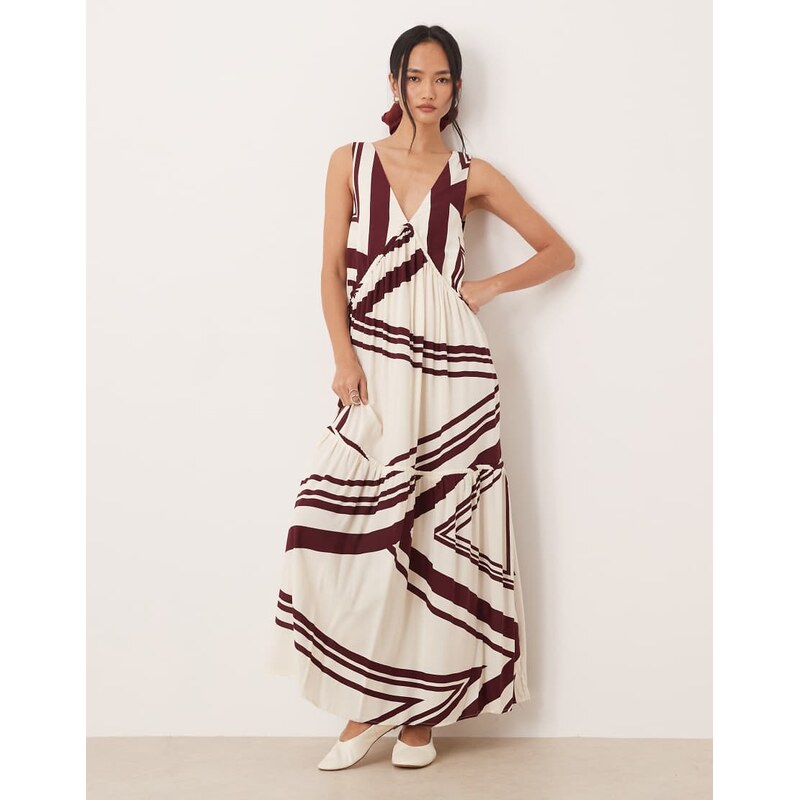 ASOS DESIGN v neck trapeze tiered maxi dress in chocolate and