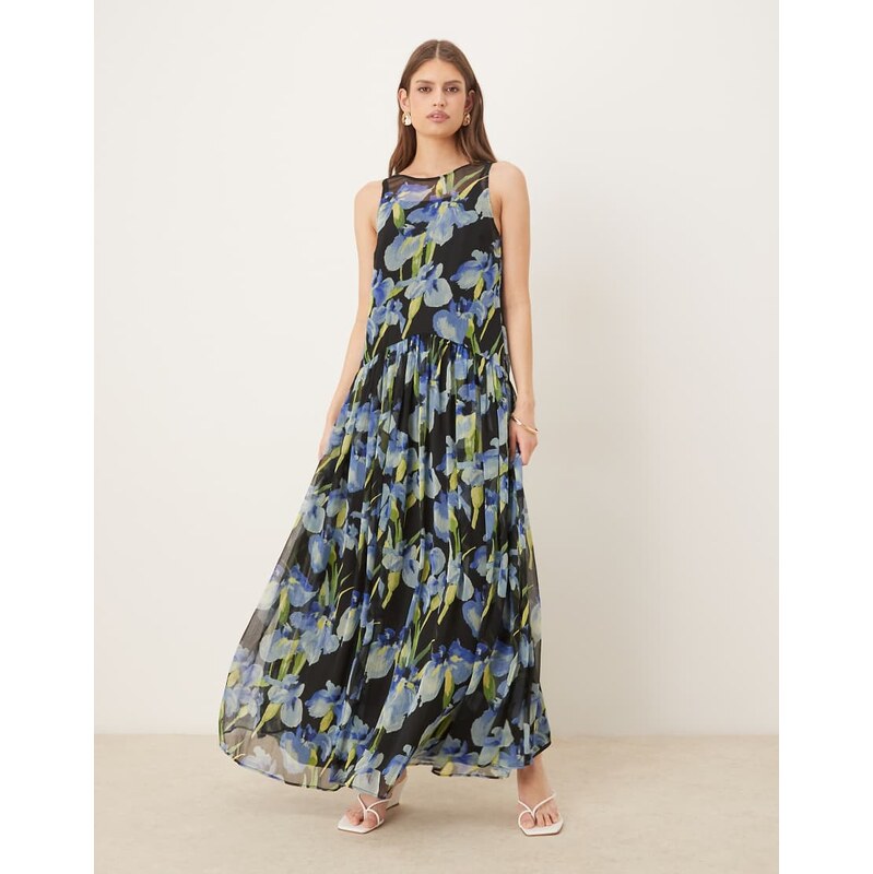 ASOS DESIGN racer neck smock maxi dress in dark based floral