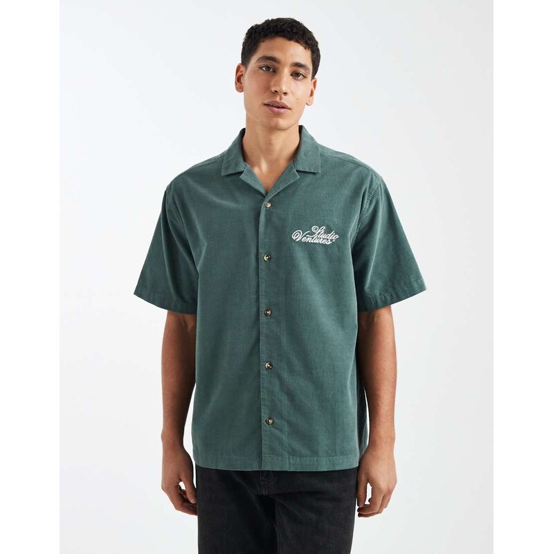 ASOS DESIGN revere cord shirt with chest embroidery in dark