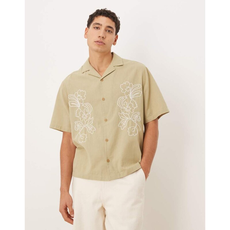 ASOS DESIGN relaxed revere shirt with linen with placement