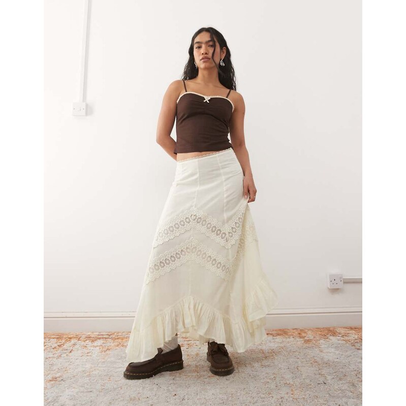 Reclaimed Vintage asymmetric hem midi skirt with lace trims in cream 113619920