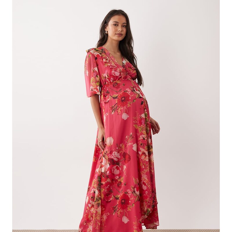 Hope & Ivy Maternity flutter sleeve wrap detail maxi dress