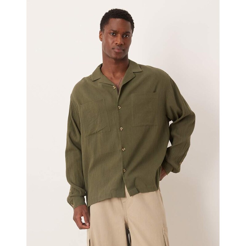 ASOS DESIGN oversized revere crinkle texture shirt in dark green