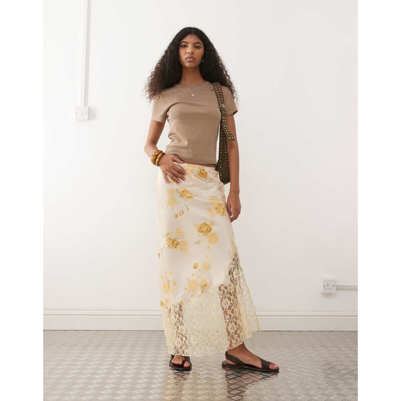 Reclaimed Vintage satin midi skirt with asymmetric hem and lace