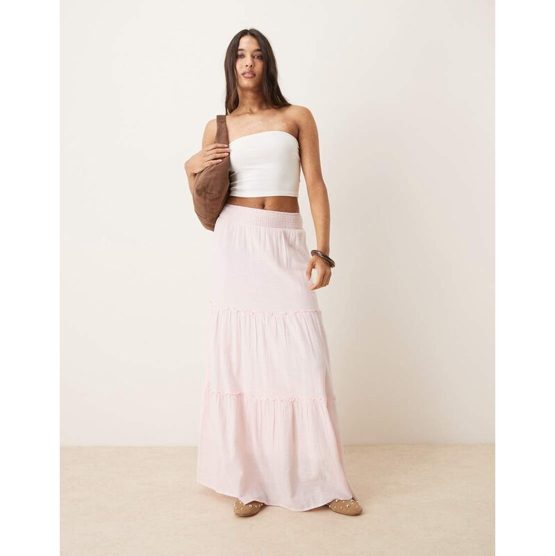 AWARE high waist boho tiered maxi skirt in light pink 113623570