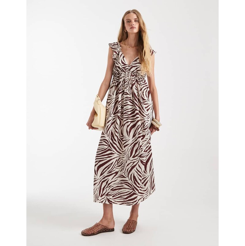 Vero Moda ruffle shoulder v neck maxi dress in chocolate zebra