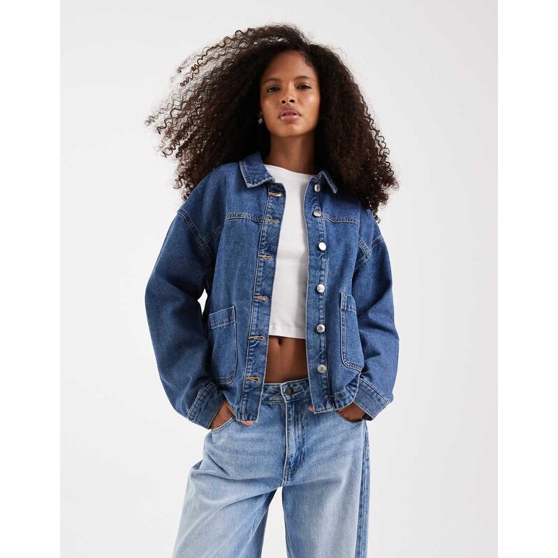 Vero Moda denim shacket with front pockets in medium blue wash 115519786