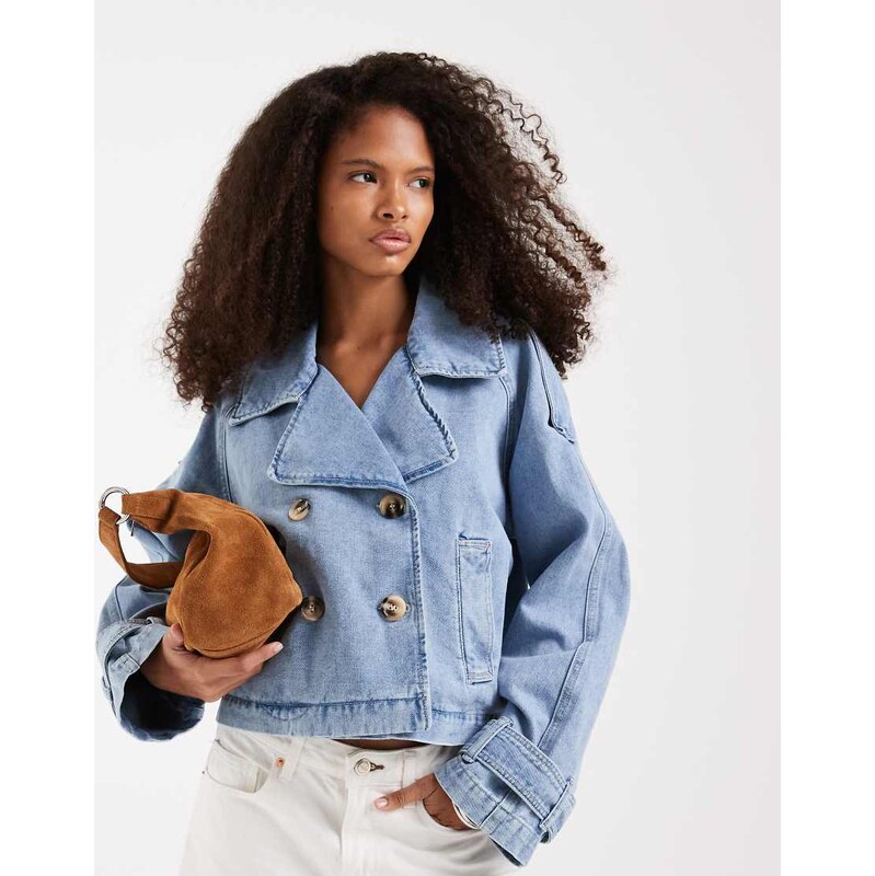 Vero Moda cropped denim trench coat in light blue wash