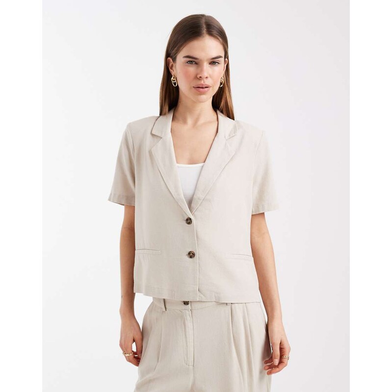 Vero Moda linen touch short sleeve blazer co-ord in stone-Neutral 113623600