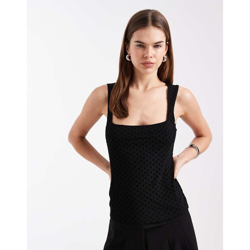 ASOS DESIGN flocked soft square cami top in black