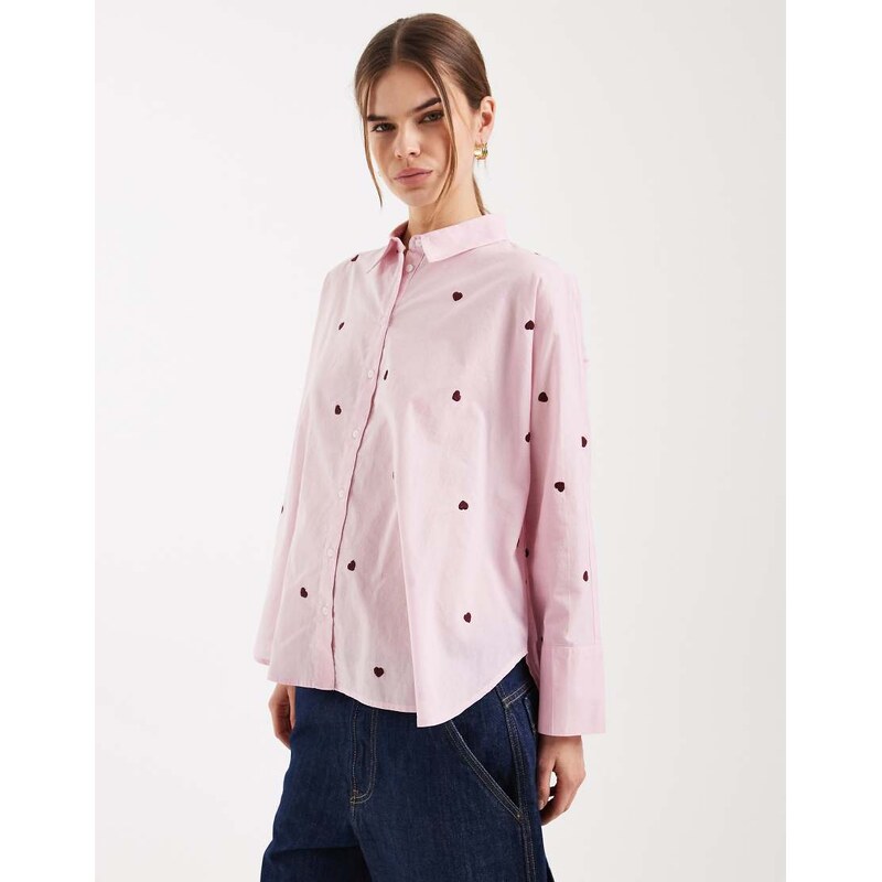 ONLY boxy shirt with heart embroidery in pink