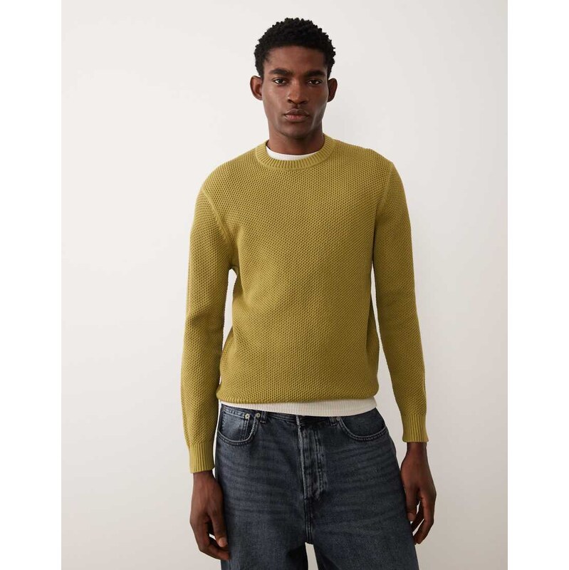 Mango waffle knit crew neck jumper in olive green 113620077