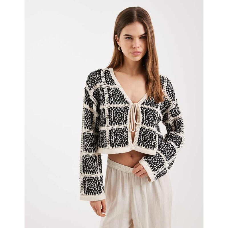 ONLY crochet knit tie front cardigan in black and white check