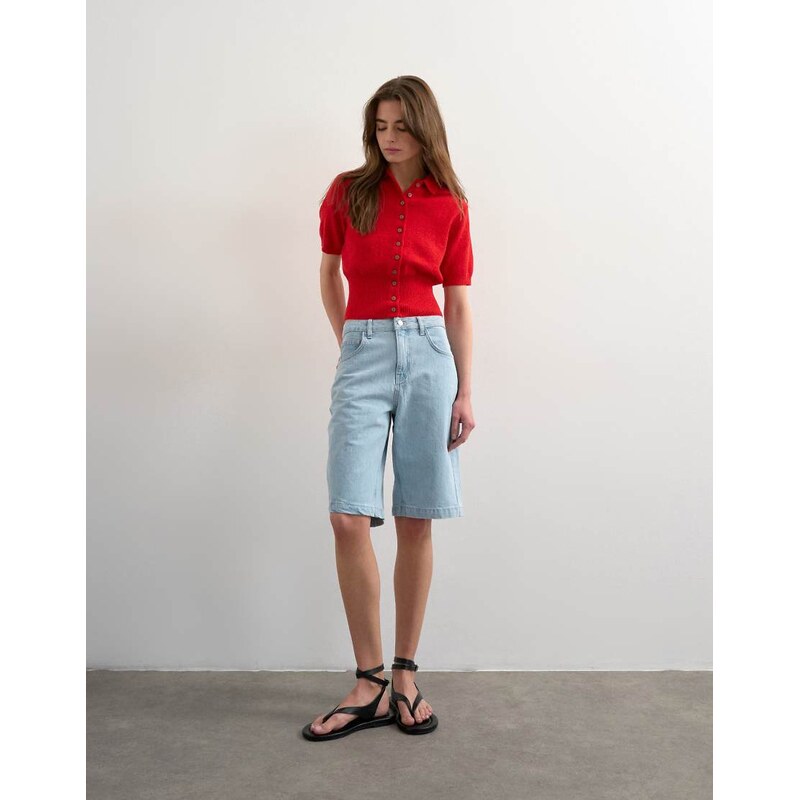 Topshop denim longline short in bleach-White