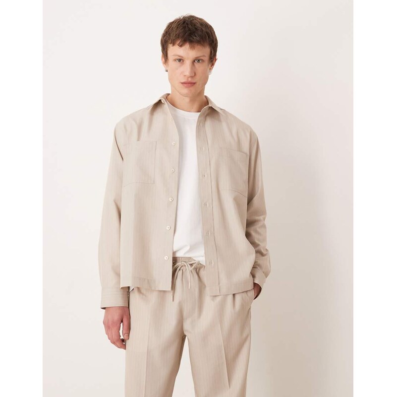 ASOS DESIGN co-ord smart relaxed stripe shirt in stone-Neutral