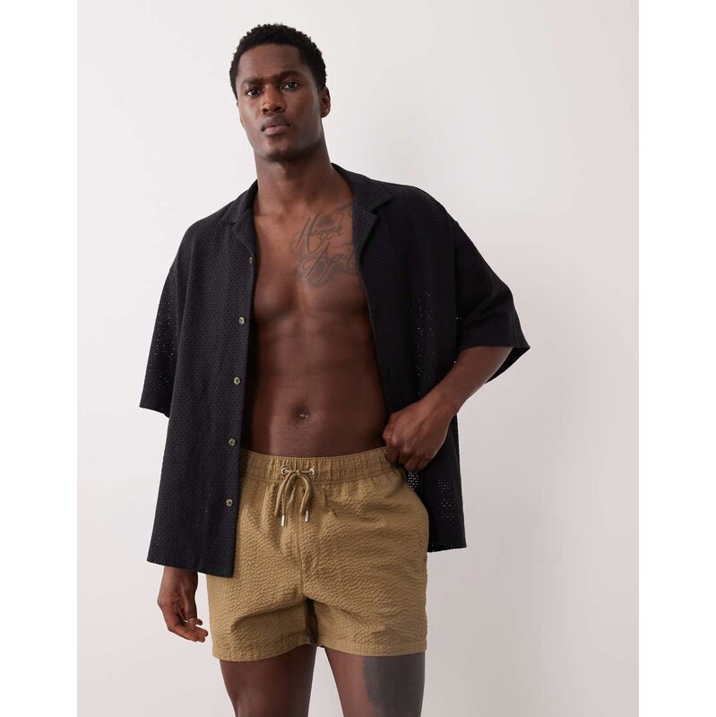 ASOS DESIGN seersucker swim shorts in short length in brown