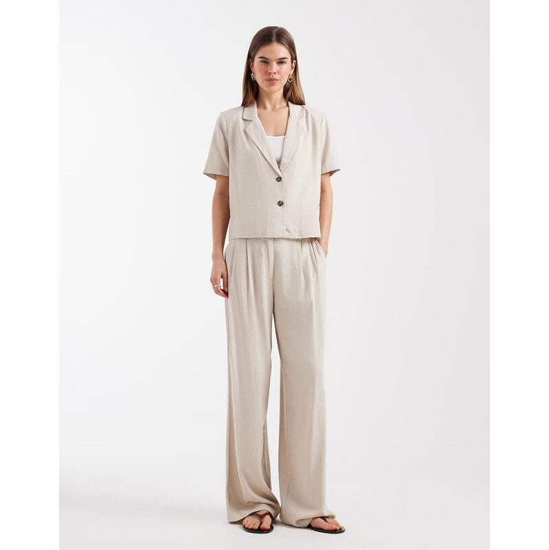 Vero Moda linen touch wide leg trouser co-ord in stone-Neutral