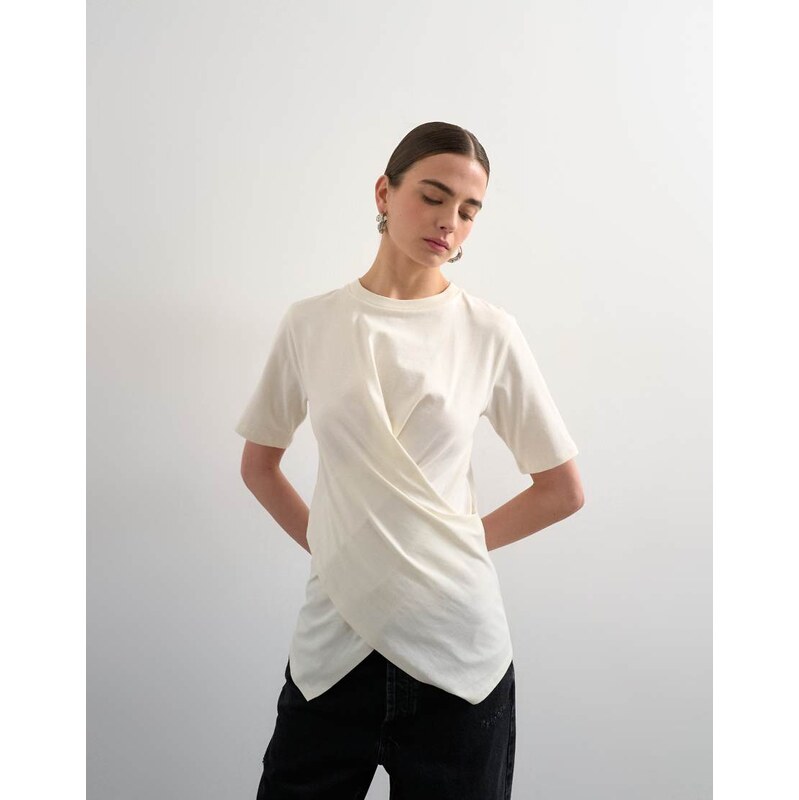 Topshop wrap front half sleeve top in ecru-White