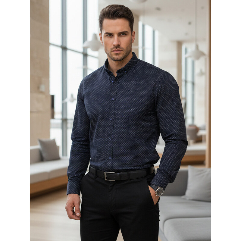 Pánská tmavě modrá vzorovaná košile slim fit FashionStreet