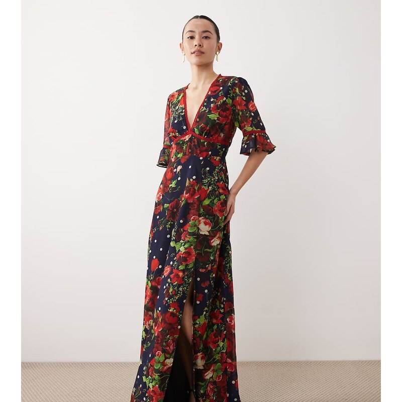 Hope & Ivy Petite frill sleeve thigh split open back maxi dress in 113650161