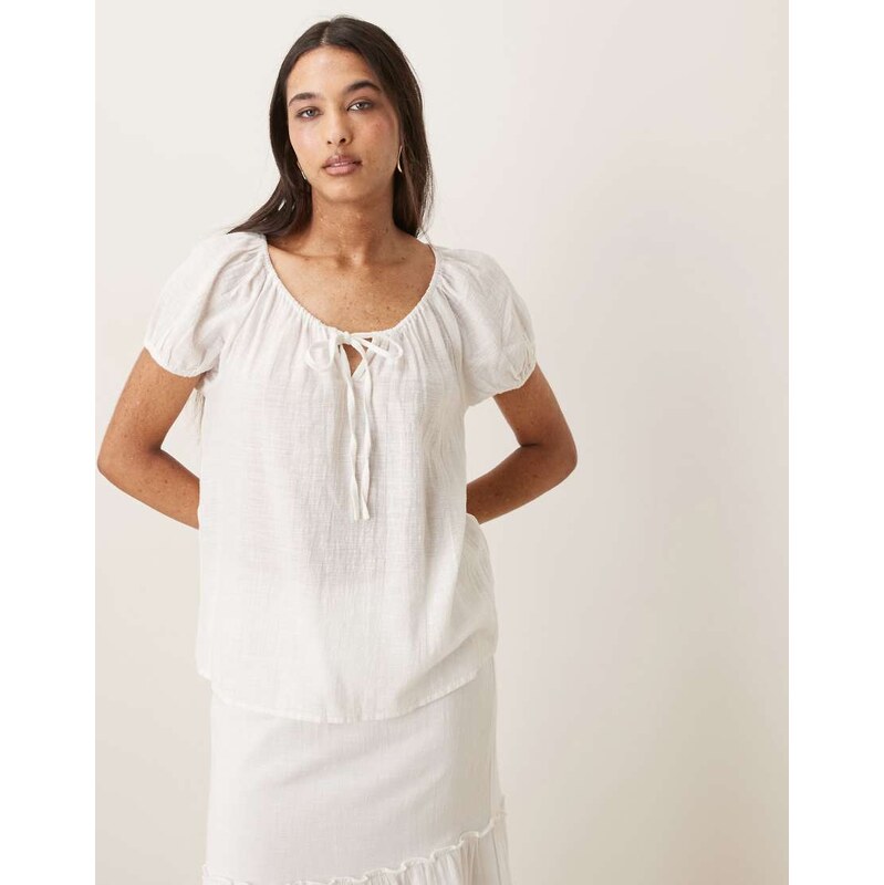 AWARE boho short sleeve tie detail blouse in white 113623571