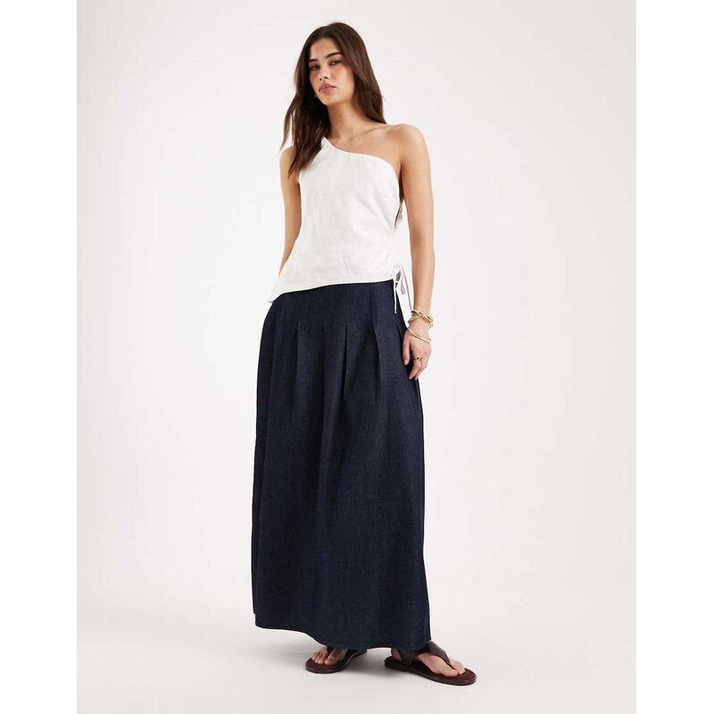 Pieces denim maxi skirt in dark indigo blue-Navy