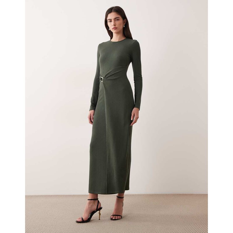 ASOS DESIGN rib midi dress with gold hardware in khaki-Green