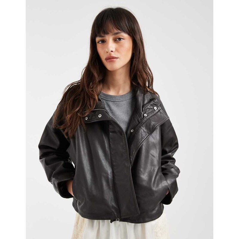 AllSaints Ryder funnel neck relaxed leather jacket in brown 114377689