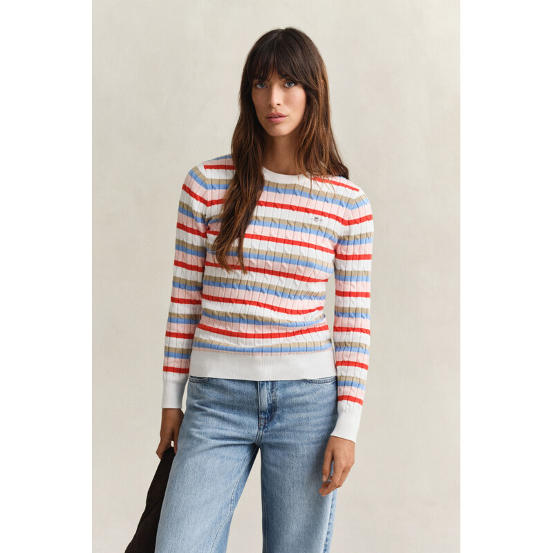 SVETR GANT STRETCH COTTON CABLE STRIPE C-NECK MULTICOLOR