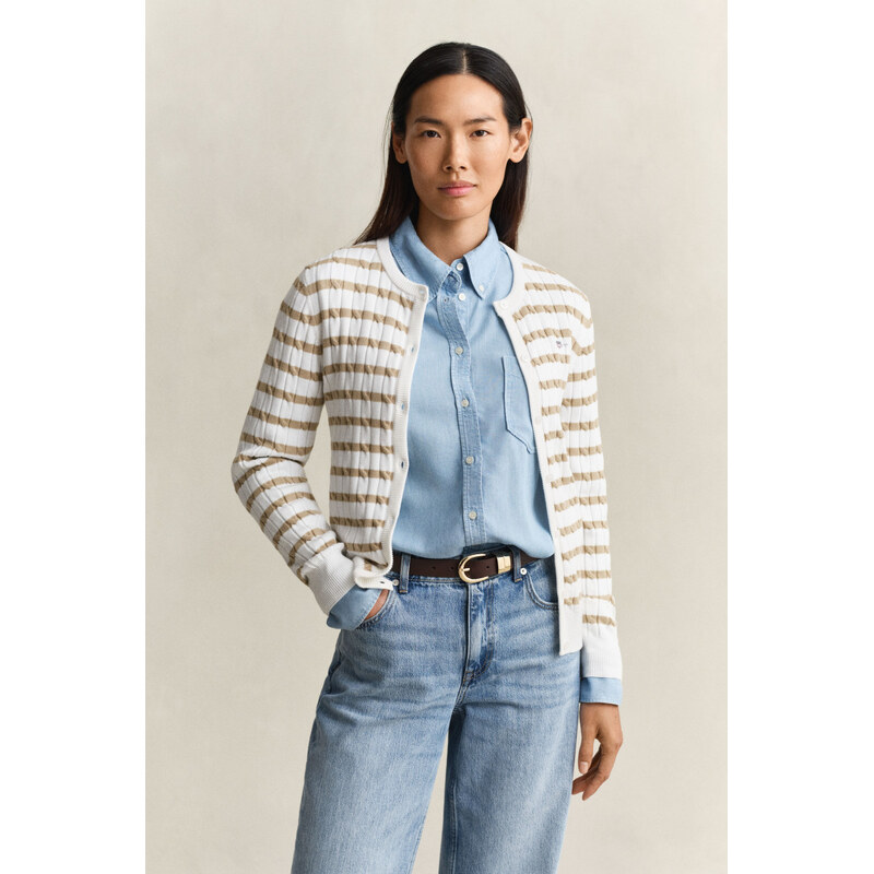 SVETR GANT STRETCH COTTON CABLE STRIPE CARDI OAT BEIGE