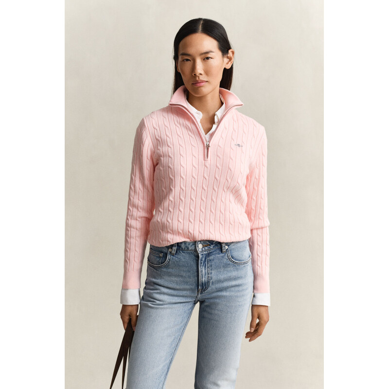 SVETR GANT STRETCH COTTON CABLE HALF-ZIP APRICOT PINK 112683628