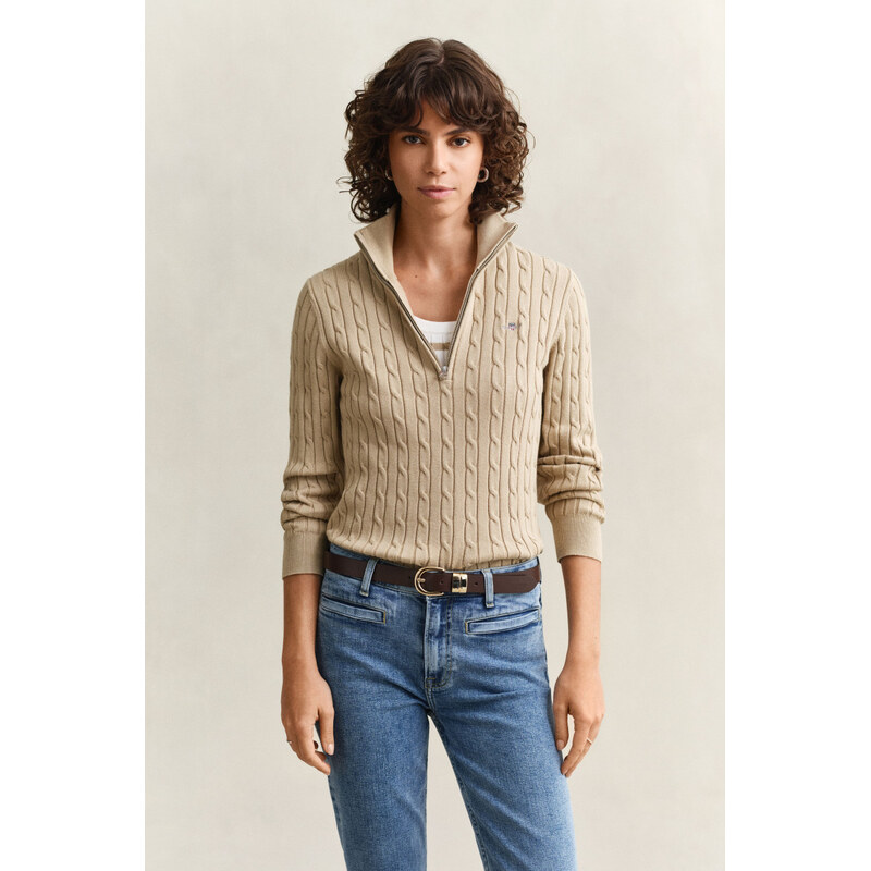 SVETR GANT STRETCH COTTON CABLE HALF-ZIP OAT BEIGE 112683631