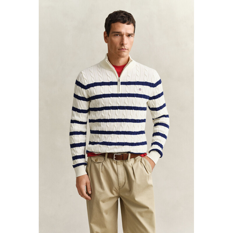 SVETR GANT STRIPED COTTON CABLE HALF ZIP CREAM