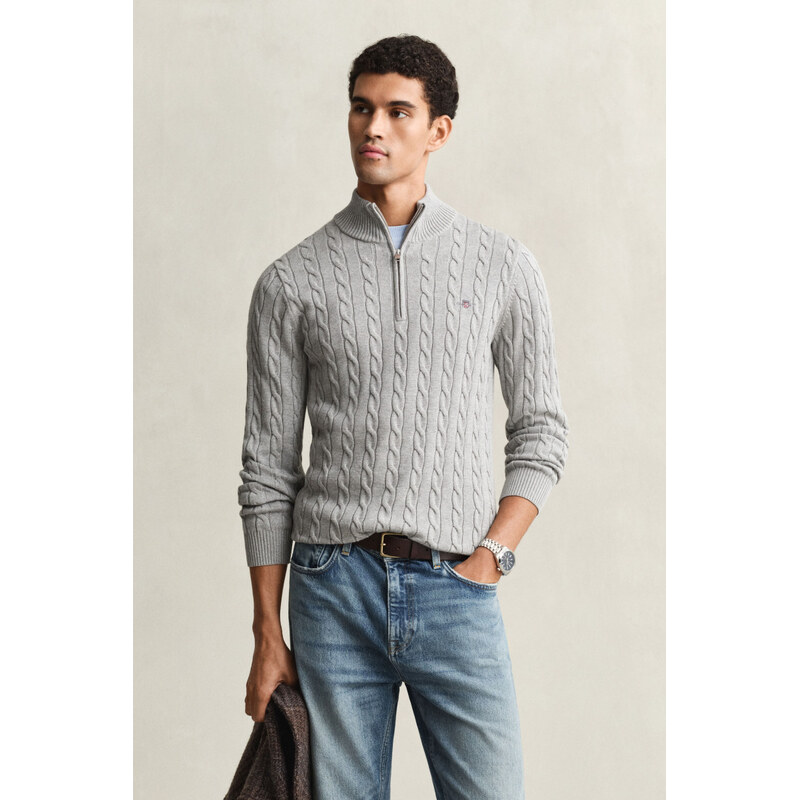 SVETR GANT COTTON CABLE HALF ZIP GREY MELANGE