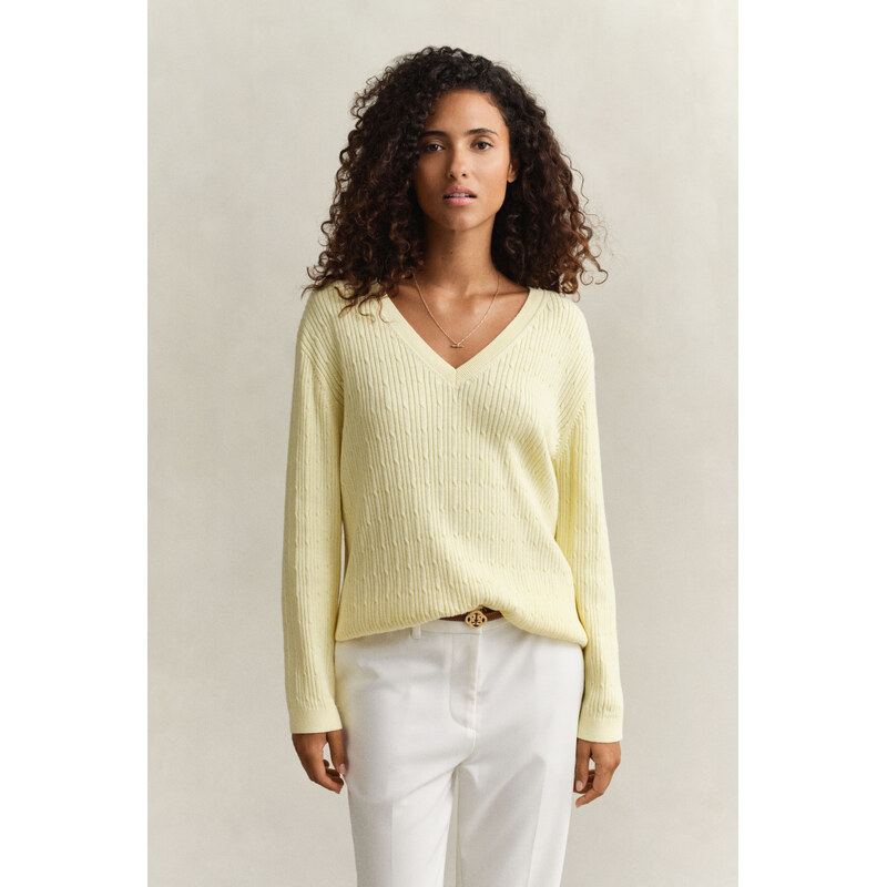 SVETR GANT CABLE KNIT V-NECK VANILLA YELLOW 112711229