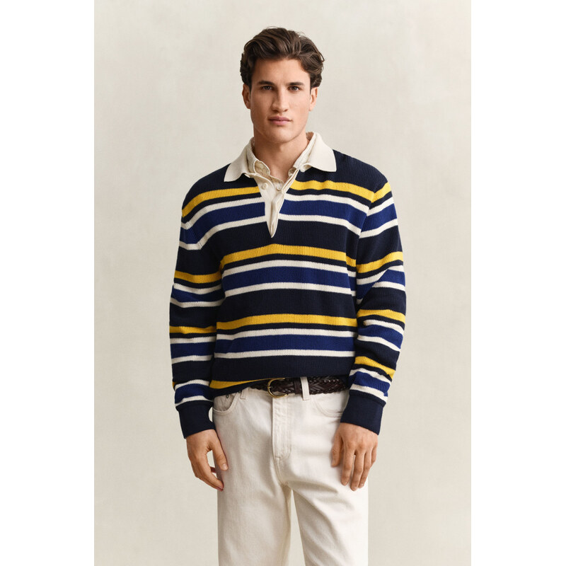 SVETR GANT STRIPED COTTON RIB POLO EVENING BLUE