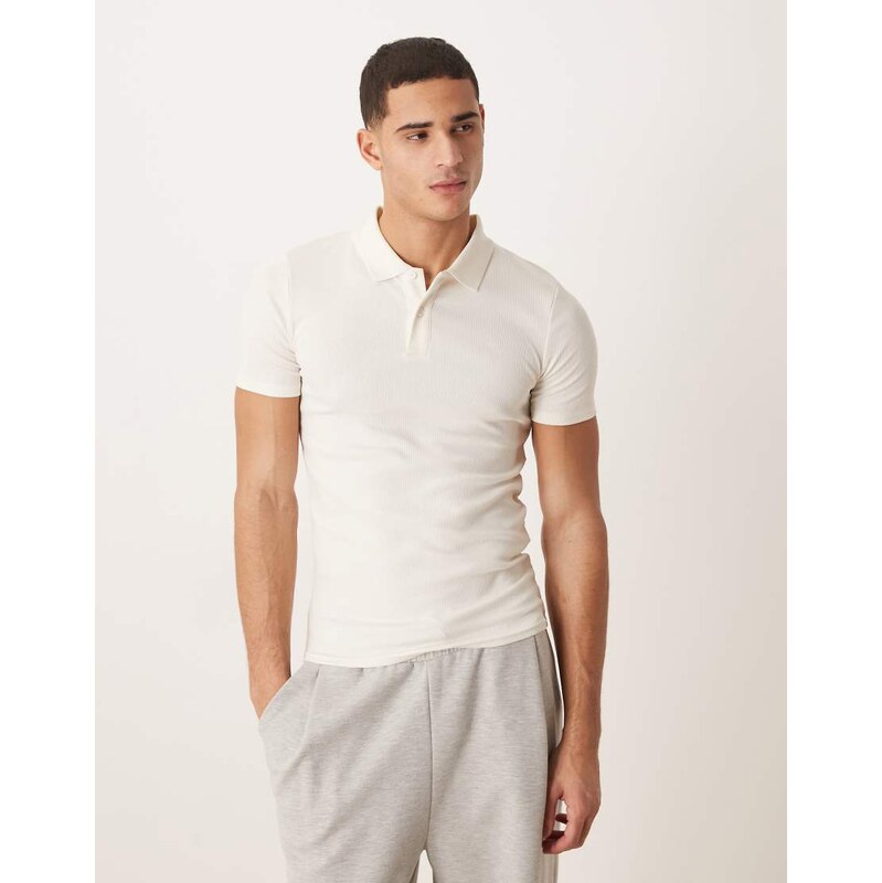 ASOS DESIGN Essentials muscle fit polo in cream rib-White