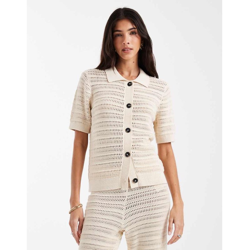Vero Moda half sleeve knitted polo top co-ord in birch-White