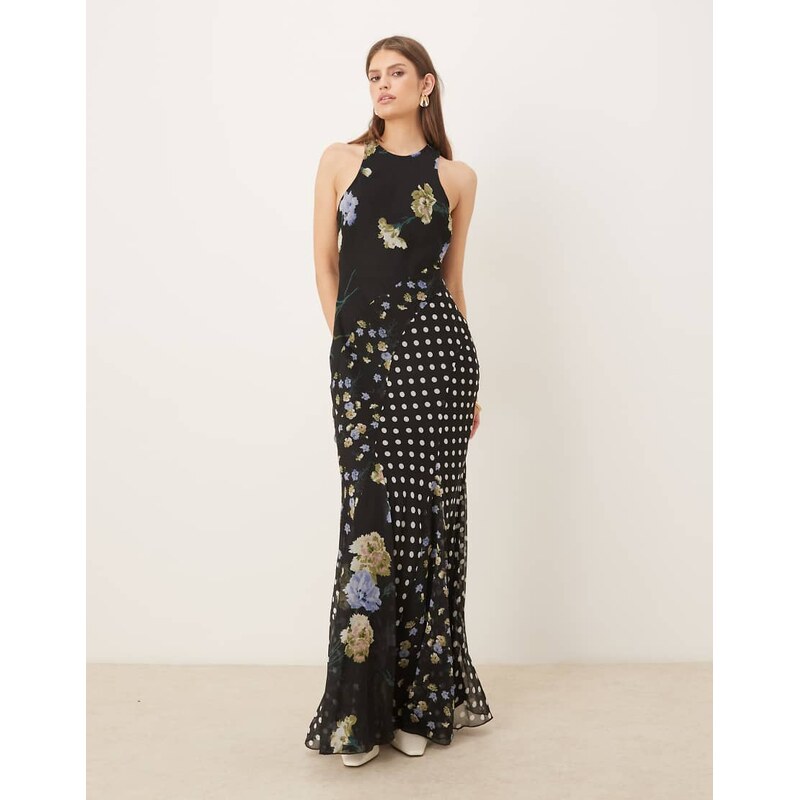 ASOS DESIGN racer neck bias maxi dress with godet hem in mixed