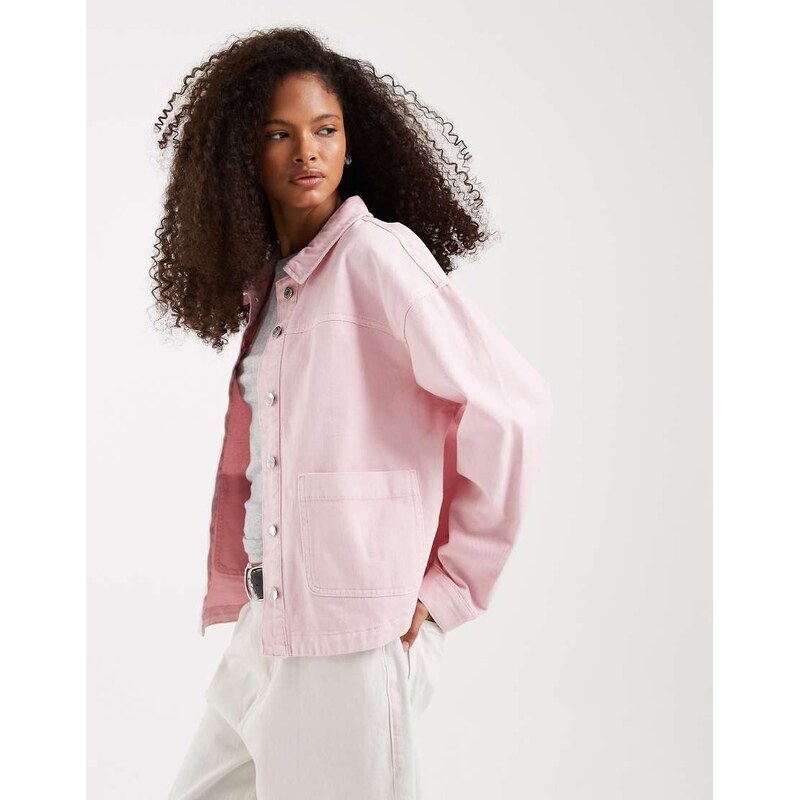 Vero Moda denim shacket with front pockets in parfait pink