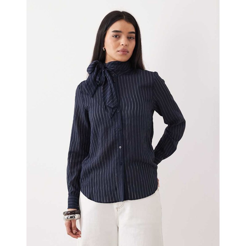 Mango tie detail long sleeve blouse in navy pinstripe 113623631