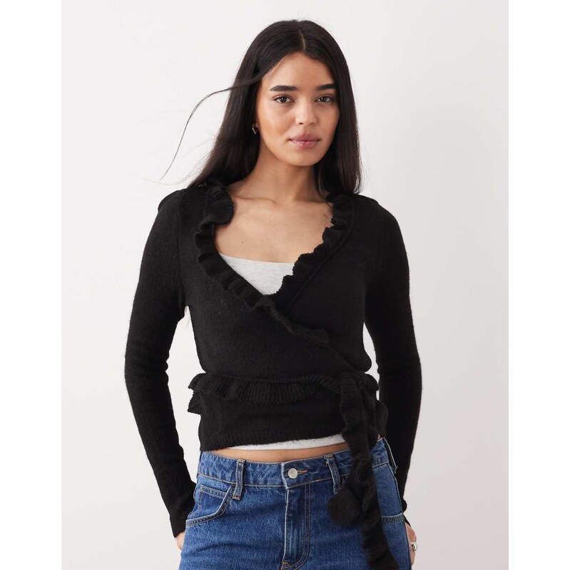 Mango v neck cardigan with frill detail in charcoal-Grey 113623634