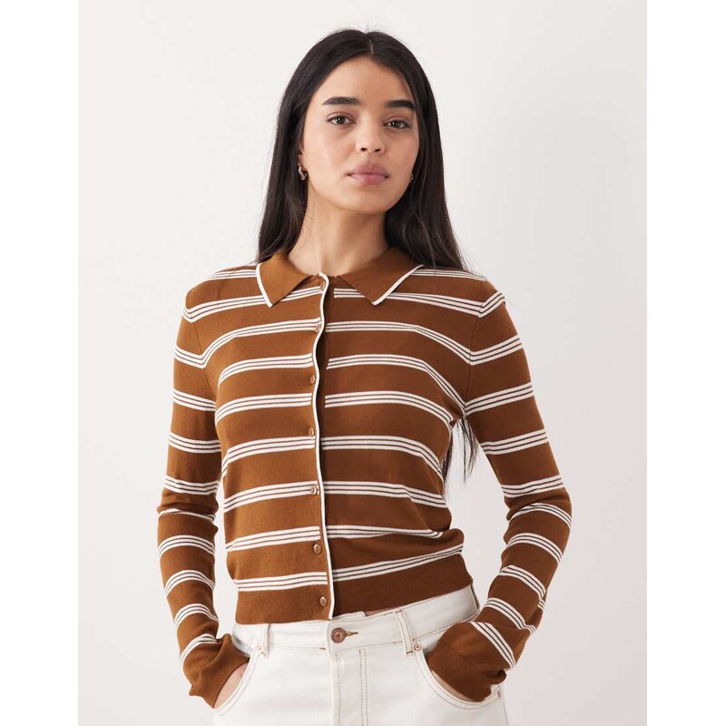 Mango knitted polo cardigan in brown stripe